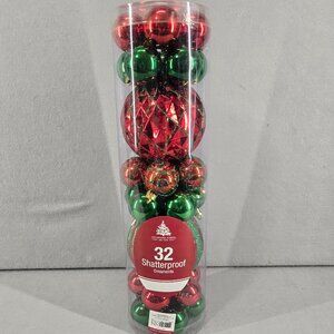 Enchanted Forest Shatterproof ornaments, Set 32, Red & Green w/glitter
